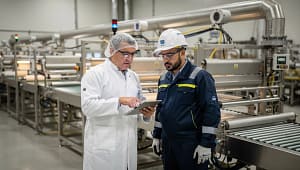 Responsabile qualità in uno stabilimento alimentare mentre controlla dati di sensori su una linea di confezionamento