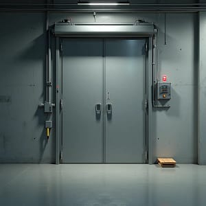 Porta tagliafuoco in corridoio industriale con chiudiporta e cuneo a terra